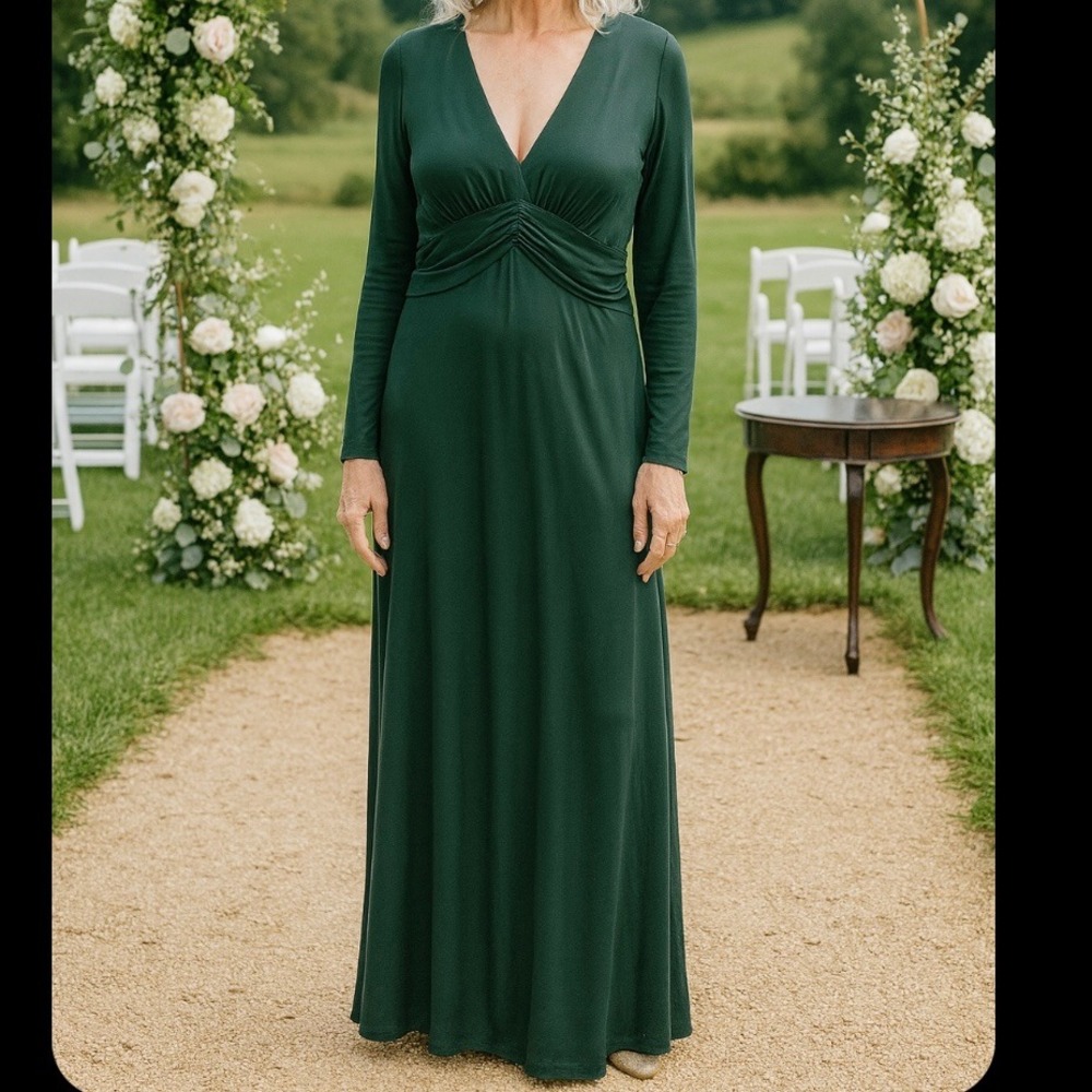 Boden V Neck Ruched Waist Long Sleeve Maxi Dress Forest Green UK 14 US‎ 10